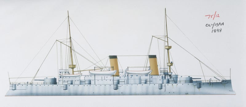 Cruiser USS Olympia, 1892. Color illustration.