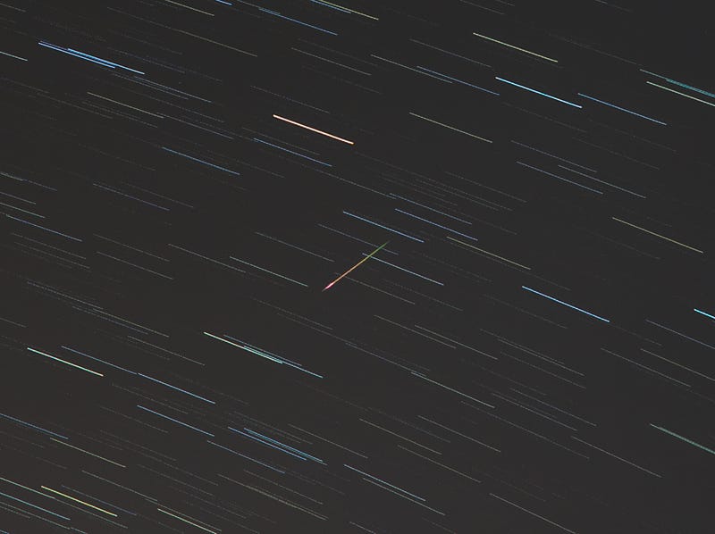 View of star trails and a meteor from the Eta Aquarids meteor shower of 2020 as seen from Cordoba, Argentina at its peak on May 6th.