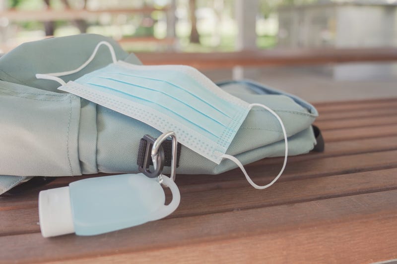 Student school bag with hand sanitizer clip on and mask