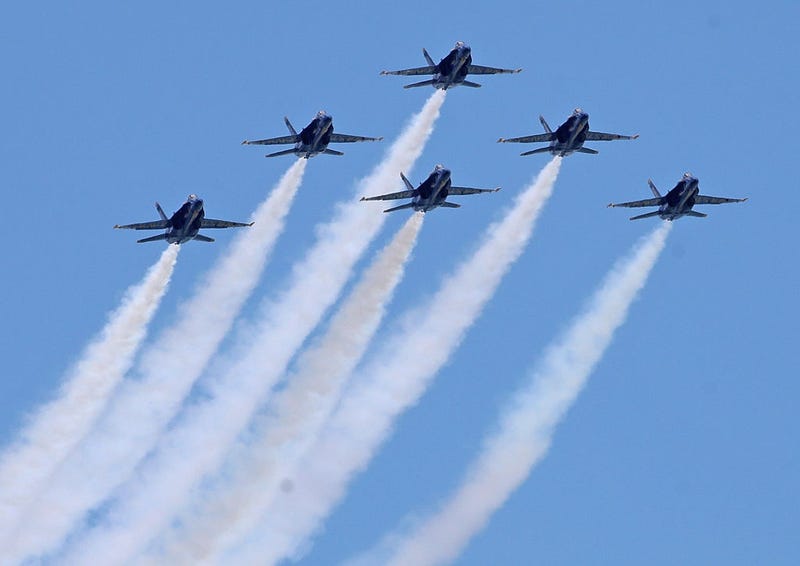 The U.S. Navy Blue Angels fly over Chicago in solidarity with healthcare and frontline workers as the coronavirus (COVID-19) global pandemic continues on May 12, 2020 in Chicago, Illinois. The Blue Angels have recently made similar flights over other cities around the United States.