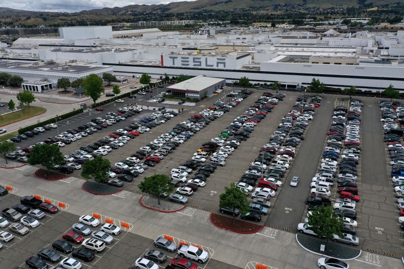 An aerial view of the Tesla Fremont Factory on May 12, 2020 in Fremont, California.