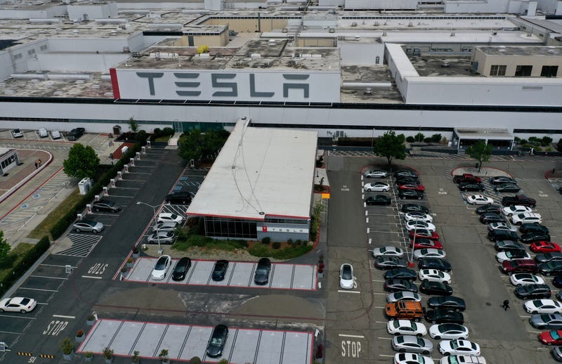 An aerial view of the Tesla Fremont Factory on May 12, 2020 in Fremont, California.