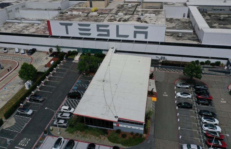 An aerial view of the Tesla Fremont Factory on May 12, 2020 in Fremont, California.