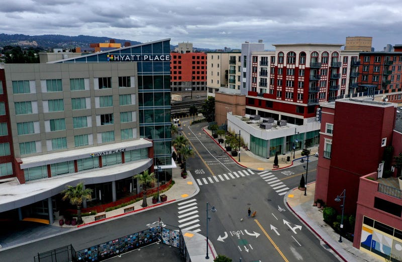 An aerial view of a Hyatt Place hotel on May 13, 2020 in Emeryville, California.