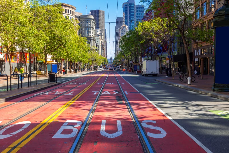 Street car tracks in the middle of Market Street near Powell Street in San Francisco.