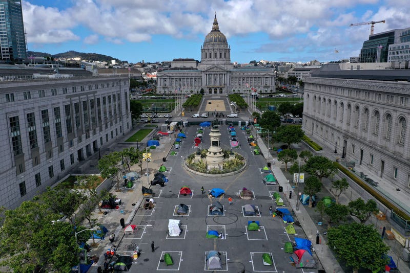 An aerial view of San Francisco's first temporary sanctioned tent encampment for the homeless on May 18, 2020 in San Francisco, California.