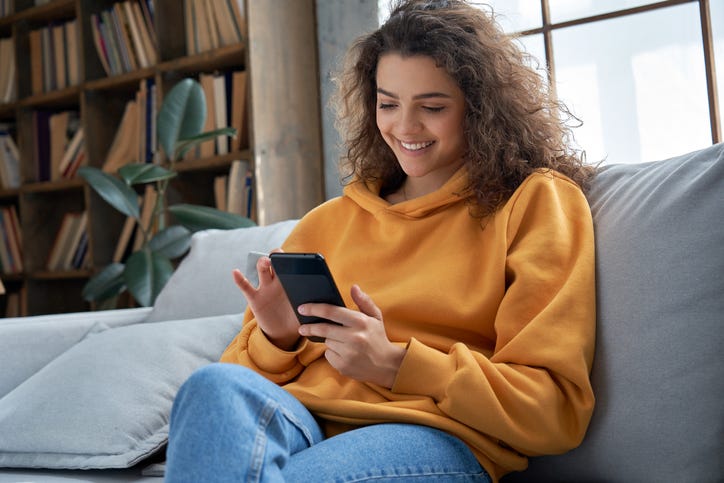 woman learning language on app