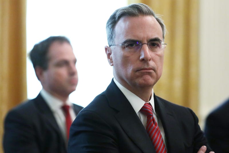 White House Counsel Pat Cipollone (R) waits for the beginning of a cabinet meeting in the East Room of the White House on May 19, 2020 in Washington, D.C.