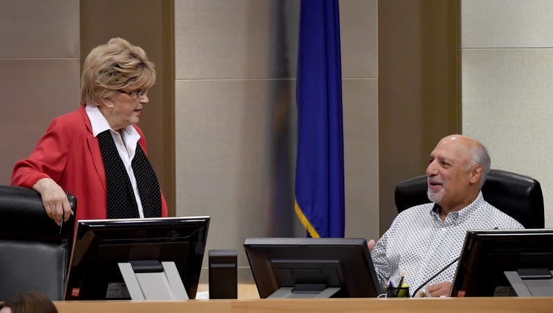 Ward 4 City Councilman Stavros Anthony speaks with Las Vegas Mayor Carolyn Goodman