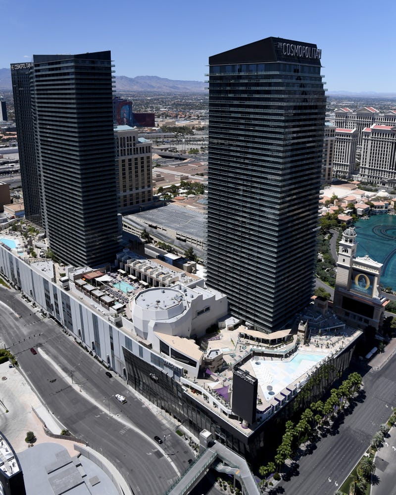 An aerial view of the Cosmopolitan Hotel on the Las Vegas Strip