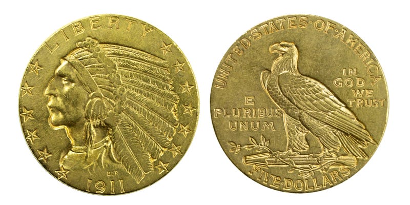 1911 5 Dollar Indian Half Eagle Gold Piece coin isolated on white background