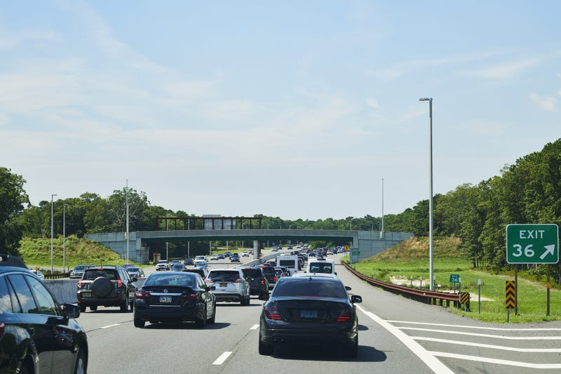 Vehicles travel along the Garden State Parkway South towards Ocean City, New Jersey.