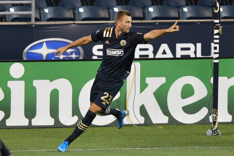 Kacper Przybylko #23 of Philadelphia Union celebrates a first half goal against the New York Red Bulls at Subaru Park on August 25, 2020 in Chester, Pennsylvania.