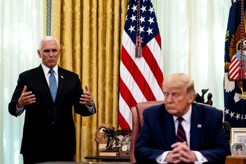 Vice President Mike Pence speaks as U.S. President Donald Trump participates in a signing ceremony and meeting with the President of Serbia Aleksandar Vucic and the Prime Minister of Kosovo Avdullah Hoti in the Oval Office of the White House on September 4, 2020 in Washington, DC.