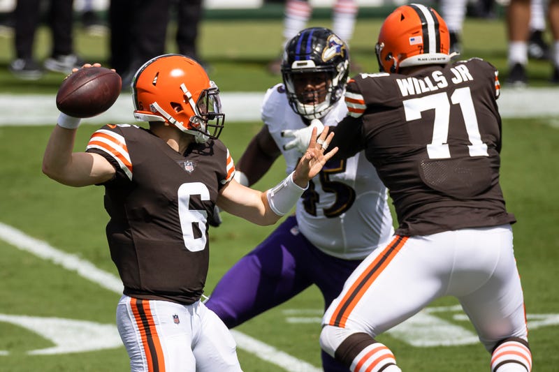Cleveland Browns left tackle Jedrick Wills Jr. blocks for quarterback Baker Mayfield