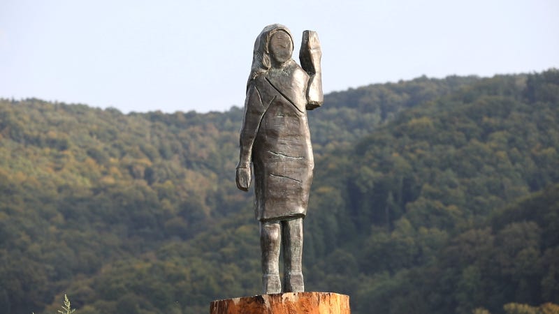 bronze replica depicting US First Lady Melania Trump, made by US artist Brad Downey, is seen after its unveiling in a field near US First Lady's hometown Sevnica, Slovenia on September 15, 2020