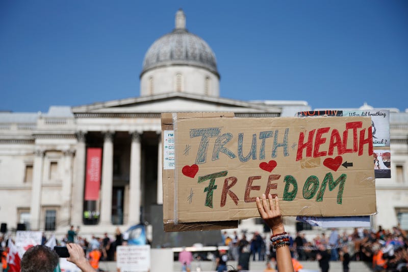 Protestors attend an Anti-Vax rally at Trafalgar Sq on September 19, 2020 in London, England.