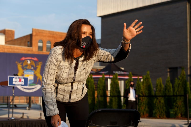 Gov. Gretchen Whitmer waves to the crowd before Democratic U.S. Vice Presidential nominee Sen. Kamala Harris (D-CA) during a voter mobilization event on September 22, 2020 in Detroit, Michigan.