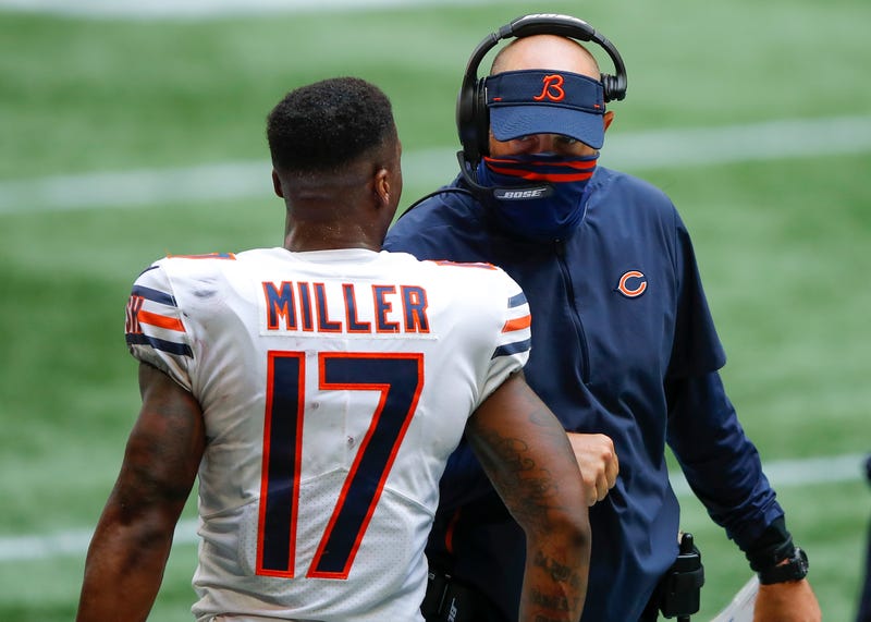 Anthony Miller #17 of the Chicago Bears reacts with head coach Matt Nagy in the fourth quarter of an NFL game against the Atlanta Falcons at Mercedes-Benz Stadium on September 27, 2020 in Atlanta, Georgia.