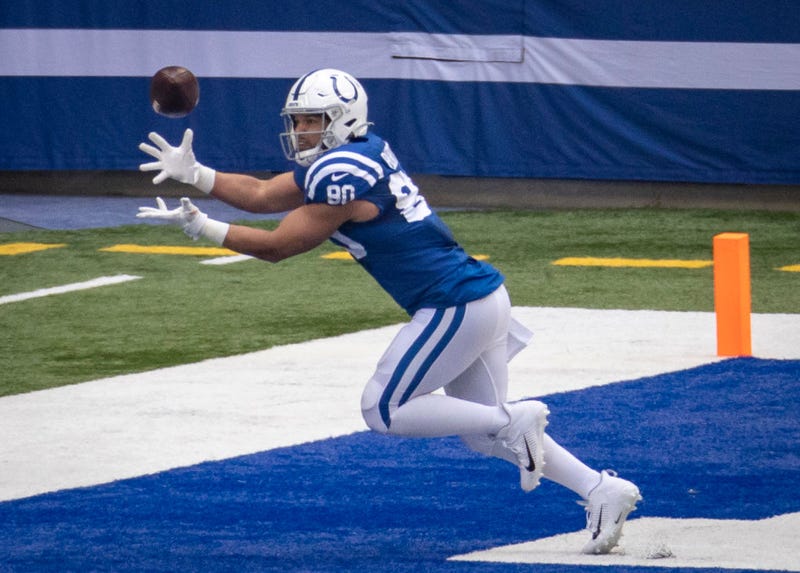 Trey Burton hauls in a pass before stepping out of the end zone.