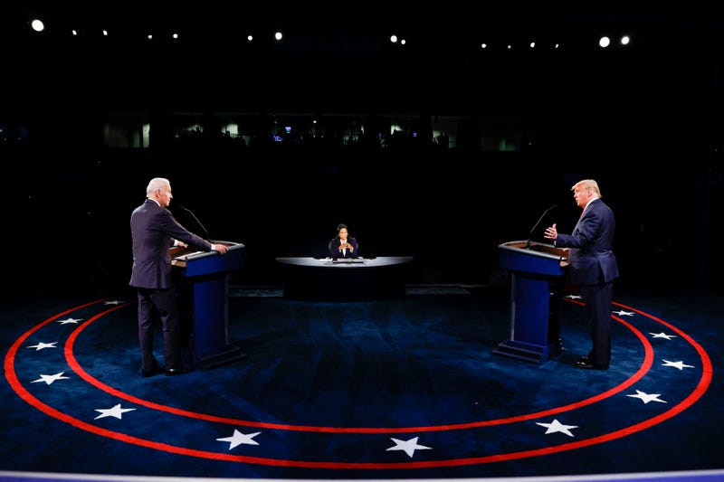 From left: Democratic candidate Joe Biden, moderator NBC News anchor Kristen Welker, and Republican candidate Donald Trump participate in a presidential debate at Belmont University in Nashville, Tennessee, on Oct. 22, 2020.