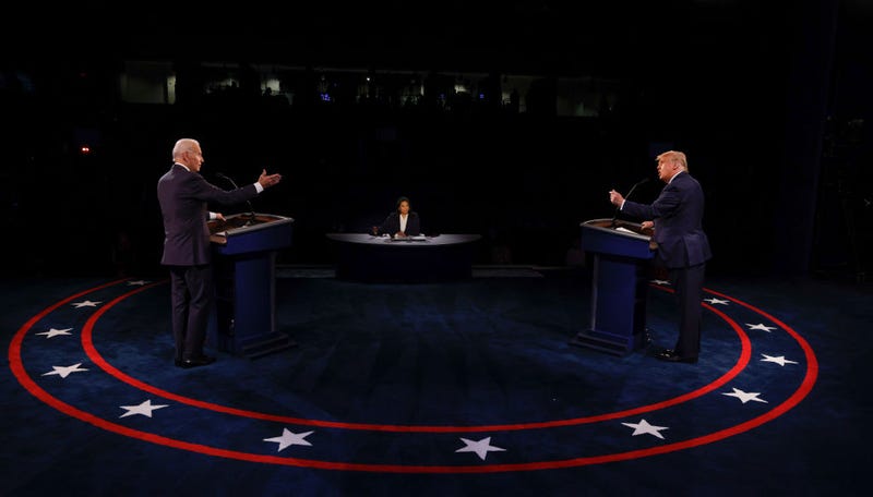 U.S. President Donald Trump and Democratic presidential nominee Joe Biden participate in the final presidential debate at Belmont University on October 22, 2020 in Nashville, Tennessee.
