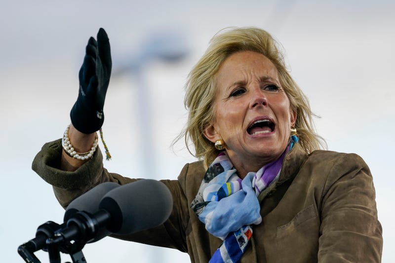 Dr. Jill Biden speaks during a drive-in campaign rally for Democratic presidential nominee Joe Biden at Dallas High School on October 24, 2020 in Dallas, Pennsylvania.