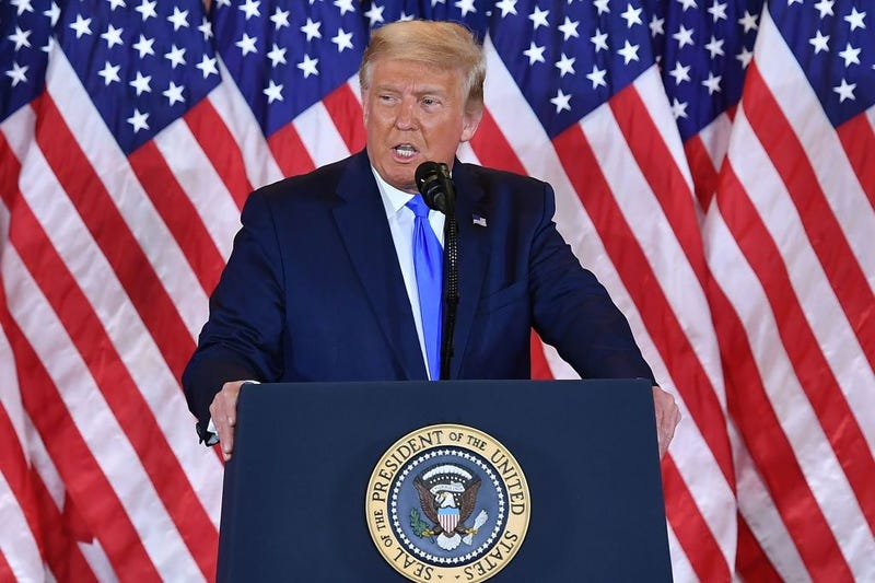 US President Donald Trump speaks during election night in the East Room of the White House in Washington, DC, early on November 4, 2020.