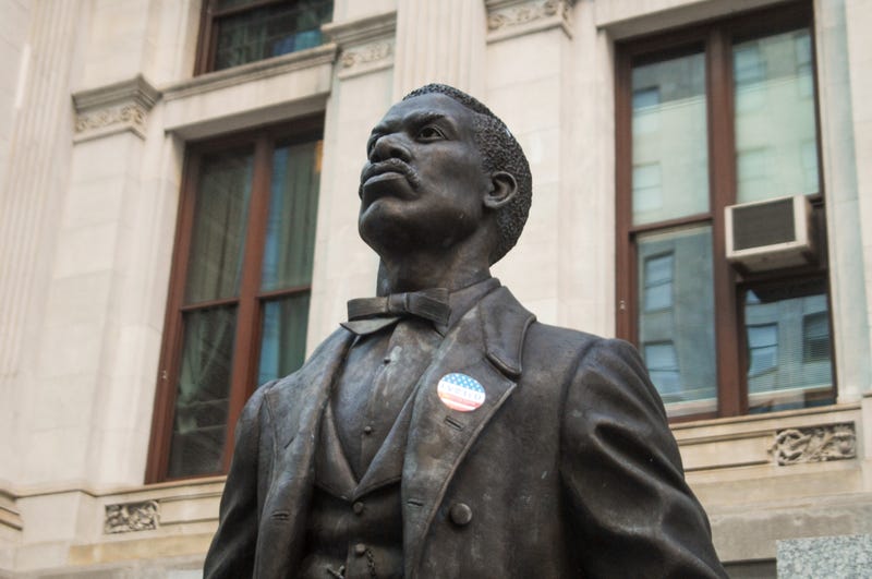 A 12-foot-tall likeness of 19th century civil rights activist Octavius Catto stands on the south south side of Philadelphia City Hall.
