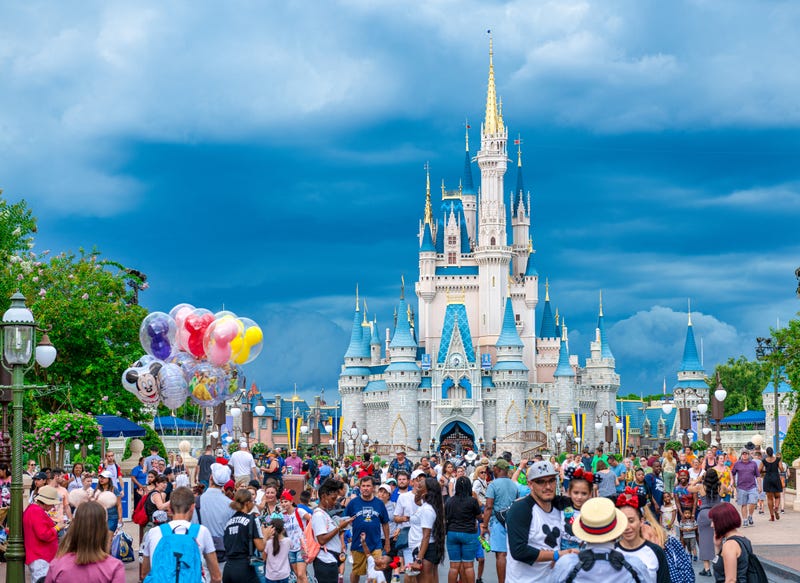 A crowd of people is seen at the Cinderella Castle in Walt Disney World