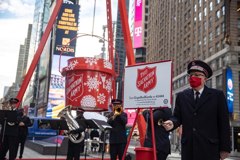 Members of the Salvation Army play music during the lighting of the world's largest Red Kettle in Times Square