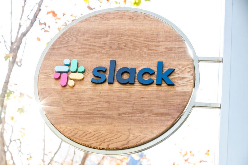 The Slack logo is seen outside its headquarters on December 1, 2020 in San Francisco, California.