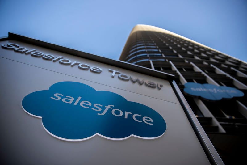The Salesforce logo is seen at Salesforce Tower on December 1, 2020 in San Francisco, California. 