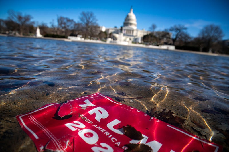 A sign for President Donald Trump's 2020 campaign floats in a pool outside Capitol Hill days after the January 6th insurrection.