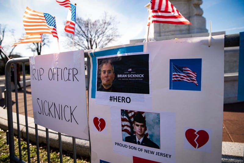 A memorial for Brian Sicknick, U.S. Capitol Police Officer who died from injuries following the U.S. Capitol building siege on Wednesday, is erected near the U.S. Capitol on January 10, 2021 in Washington, DC. A pro-Trump mob stormed and desecrated the U.S. Capitol on January 6 as Congress held a joint session to ratify President-elect Joe Biden's 306-232 Electoral College win over President Donald Trump.