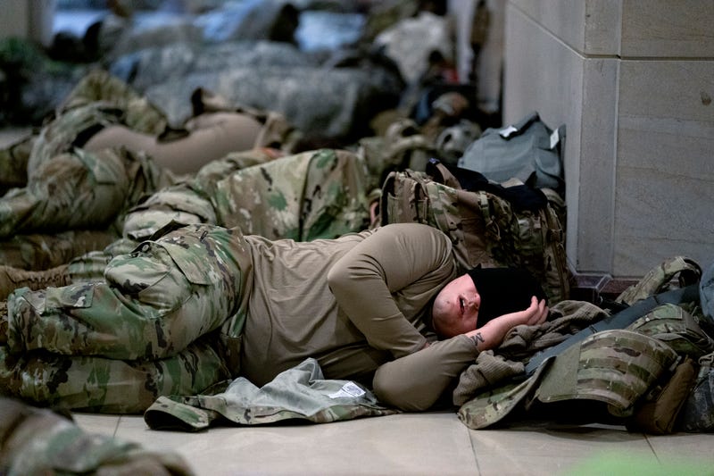 Members of the National Guard sleep in the U.S. Capitol on January 14, 2021 in Washington, DC. Security has been increased throughout Washington following the breach of the U.S. Capitol last Wednesday, and leading up to the Presidential Inauguration.