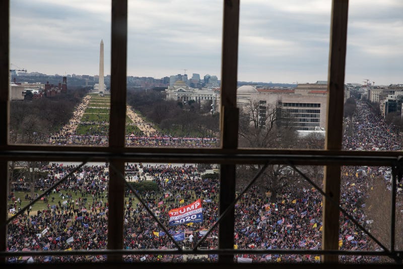 A crowd of Trump supporters gather outside as seen from inside the U.S. Capitol on January 6, 2021 in Washington, DC. Congress will hold a joint session today to ratify President-elect Joe Biden's 306-232 Electoral College win over President Donald Trump. The joint session was disrupted as the Trump supporters breached the Capitol building. (Photo by Cheriss May/Getty Images)