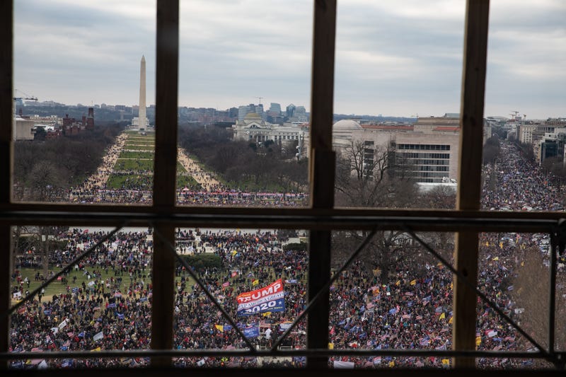 A crowd of Trump supporters gather outside as seen from inside the U.S. Capitol on January 6, 2021 in Washington, DC.