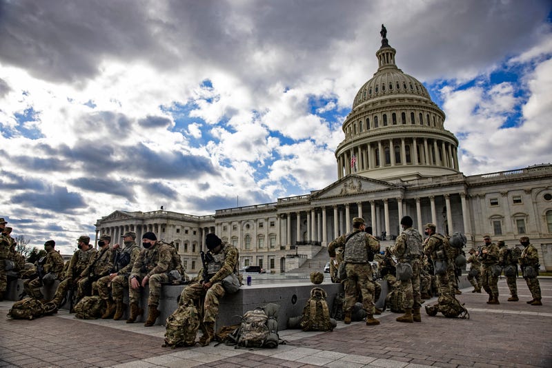 Virginia National Guard soldiers on the east front of the U.S. Capitol on January 17, 2021 in Washington, DC. After last week's riots at the U.S. Capitol Building, the FBI has warned of additional threats in the nation's capital and in all 50 states. According to reports, as many as 25,000 National Guard soldiers will be guarding the city as preparations are made for the inauguration of Joe Biden as the 46th U.S. President. 
