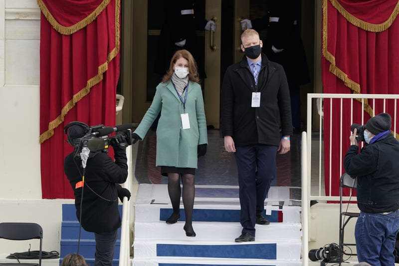 "JOE BIDEN" AND "JILL BIDEN:" Stand-ins for President-elect Joe Biden and Dr. Jill Biden walk on to the podium during a rehearsal for the inaugural ceremony for President-elect Joe Biden and Vice President-elect Kamala Harris on January 18, 2021 in Washington, DC. 