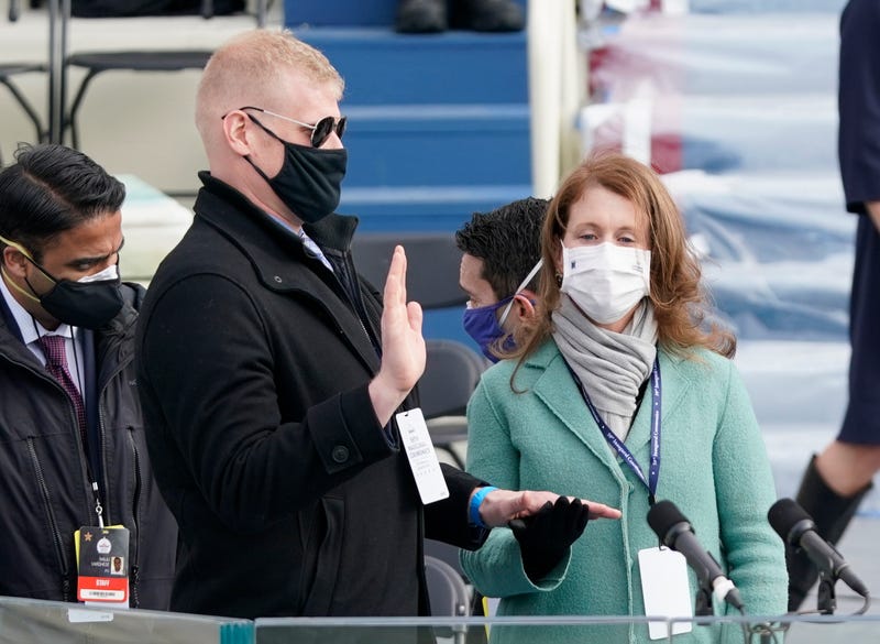 A stand-in for President-elect Joe Biden practices being sworn in on the podium as a stand-in for Dr. Jill Biden looks on during a rehearsal for the inaugural ceremony for President-elect Joe Biden and Vice President-elect Kamala Harris on January 18, 2021 in Washington, DC. 