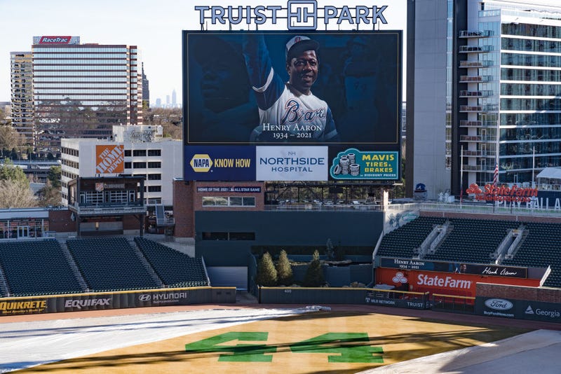 ATLANTA, GA - JANUARY 23: Truist Park honors Hank Aaron the baseball player and beloved community member on January 23, 2021 in Atlanta, Georgia. Hank Played for the Atlanta Braves and was known as the Home-Run King.