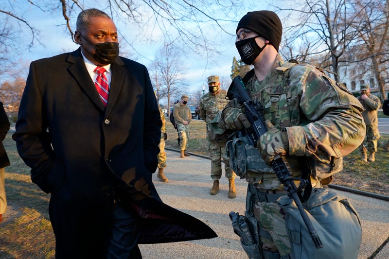 Secretary of Defense Lloyd Austin visits National Guard troops deployed at the U.S. Capitol on January 29, 2021 on Capitol Hill in Washington, DC. The Department of Homeland Security issued a bulletin on Wednesday warning of a continued threat from domestic violent extremists.