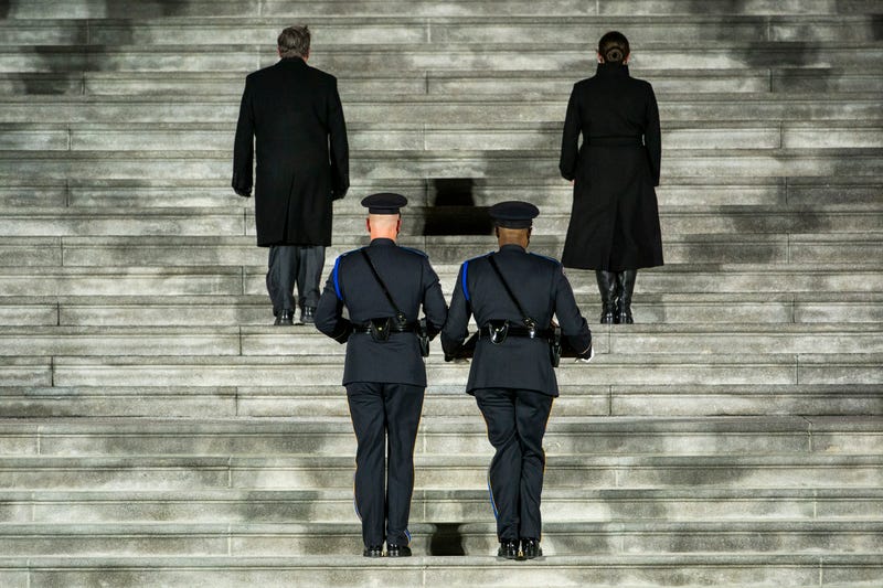 The remains of U.S. Capitol Police officer Brian D. Sicknick are carried up the East Front steps of the U.S Capitol to lie in honor in the Rotunda on February 2, 2021 in Washington, DC.