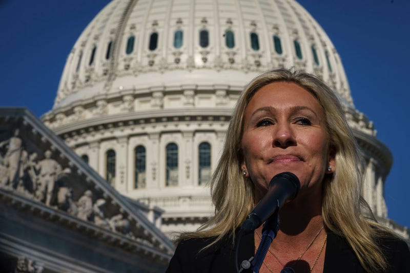Rep. Marjorie Taylor Greene (R-GA) speaks during a press conference outside the U.S. Capitol on February 5, 2021 in Washington, DC.