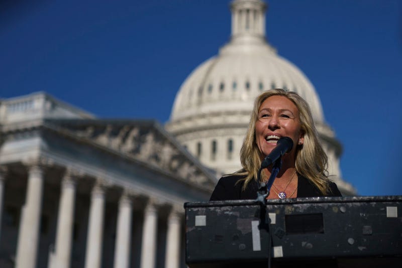 Rep. Marjorie Taylor Greene (R-GA) speaks during a press conference outside the U.S. Capitol on February 5, 2021 in Washington, DC.