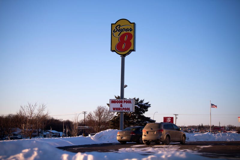 A view outside the Super 8 Motel where alleged suspect Gregory Ulrich apparently stayed the night before a shooting at the nearby Allina Health Clinic on February 9, 2021 in Buffalo, Minnesota.