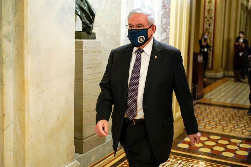 Sen. Bob Menendez (D-NJ) walks during a break in the impeachment trial of former President Donald Trump at the U.S. Capitol on February 10, 2021, in Washington, D.C.