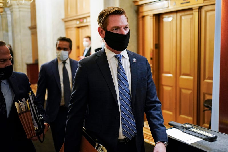 House Impeachment Manager Rep. Eric Swalwell (D-CA) departs after the day's proceedings in the impeachment trial of former President Donald Trump at the U.S. Capitol on February 10, 2021 in Washington, DC.