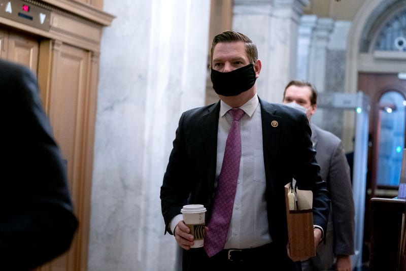 Rep. Eric Swalwell (D-CA) arrives before the fifth day of the Senate Impeachment trials for former President Donald Trump on Capitol Hill on February 13, 2021 in Washington, DC.